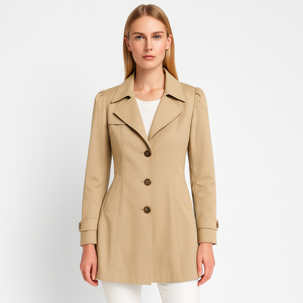 A classic trench coat featuring a tailored fit, notched lapel collar, and button-down front. The coat includes side pockets, decorative stitching, and adjustable sleeve straps, giving it a timeless and sophisticated look perfect for layering in cooler weather.