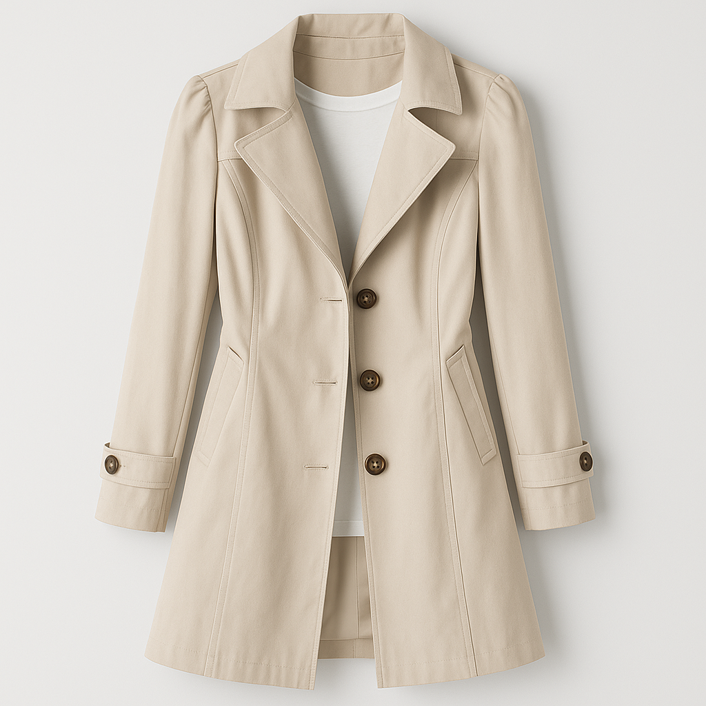 A classic trench coat featuring a tailored fit, notched lapel collar, and button-down front. The coat includes side pockets, decorative stitching, and adjustable sleeve straps, giving it a timeless and sophisticated look perfect for layering in cooler weather.