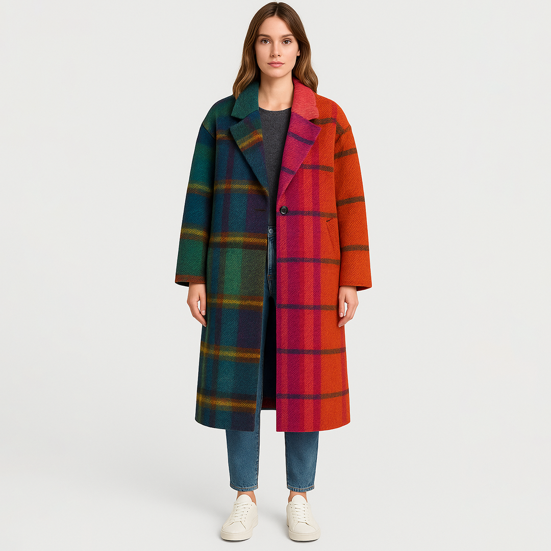 Oversized plaid wool coat with notched lapel collar and single-button front, styled for modern streetwear looks