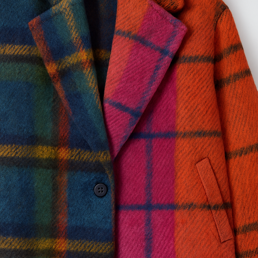 Oversized plaid wool coat with notched lapel collar and single-button front, styled for modern streetwear looks