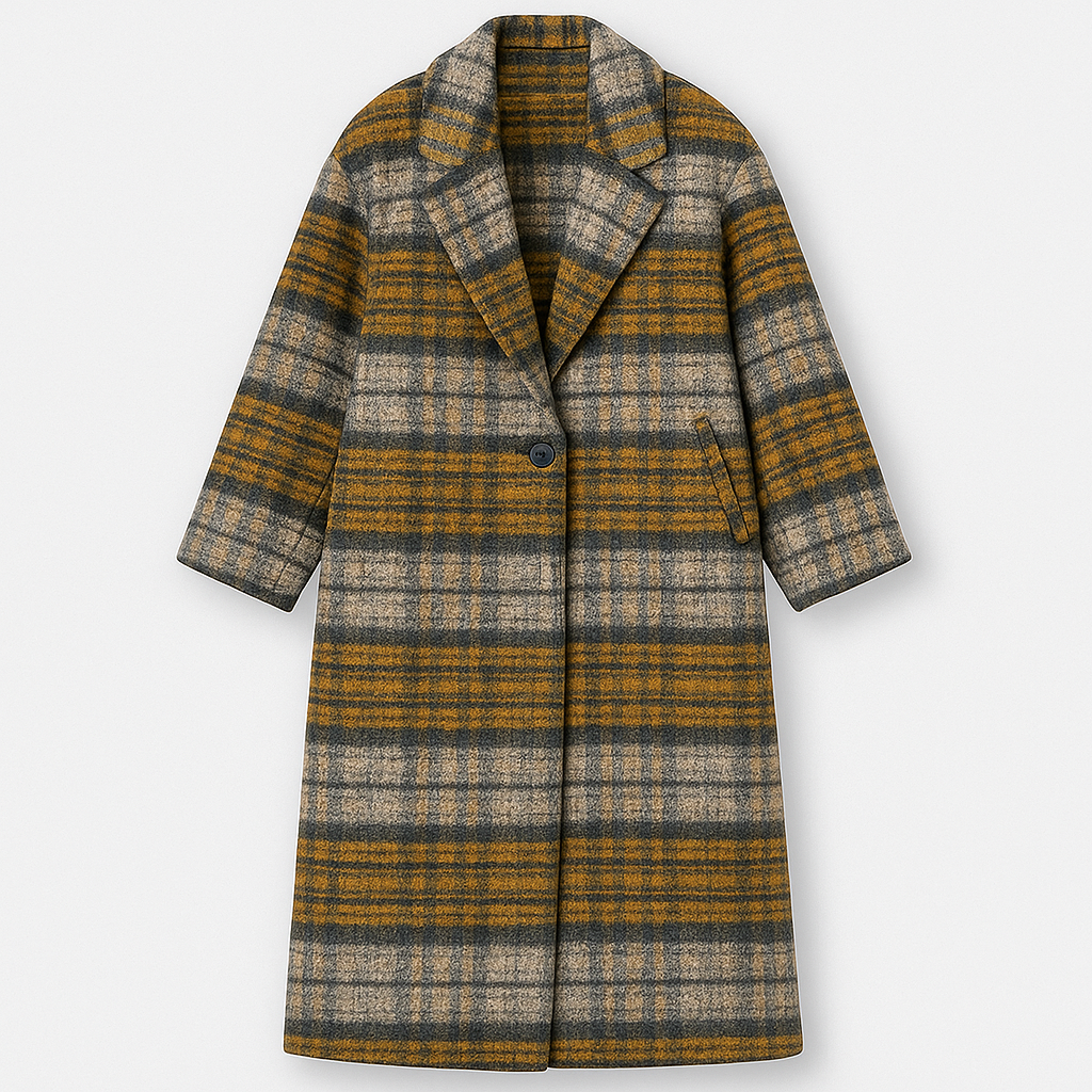 Oversized plaid wool coat with notched lapel collar and single-button front, styled for modern streetwear looks