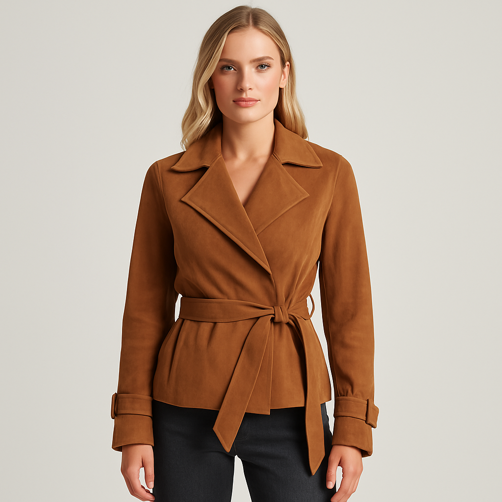 A suede wrap jacket with a wide lapel, long sleeves, and a belted waist.