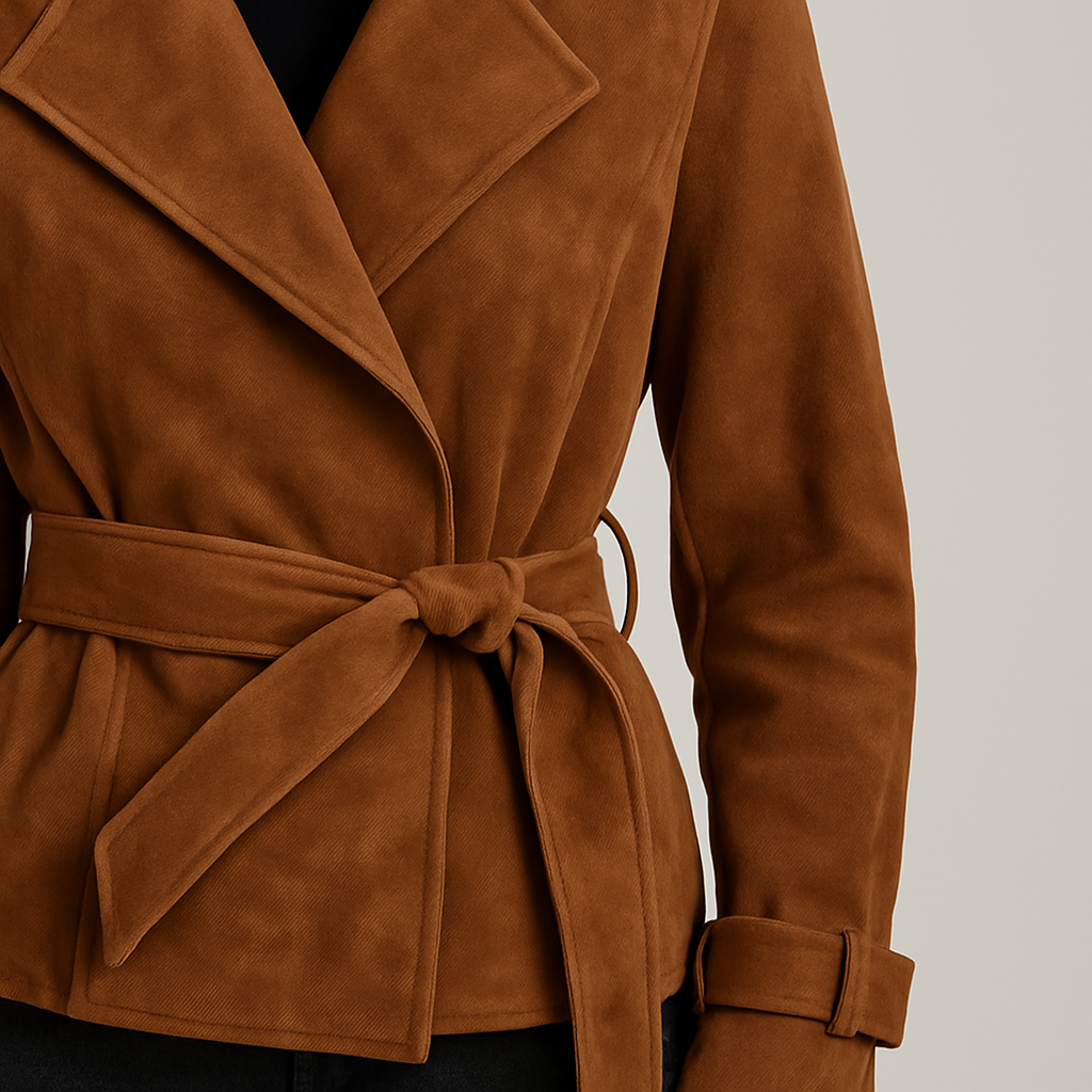A suede wrap jacket with a wide lapel, long sleeves, and a belted waist.