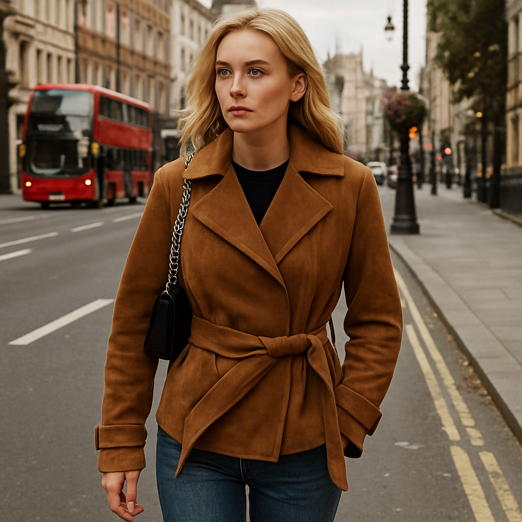 A suede wrap jacket with a wide lapel, long sleeves, and a belted waist.