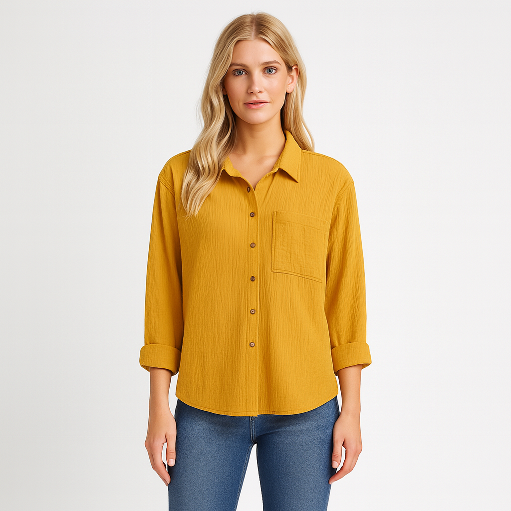Long-sleeve button-up shirt with pointed collar, front chest pocket, and rolled cuffs.