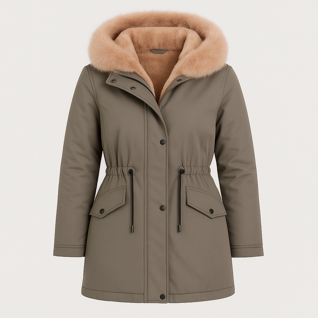 A parka-style winter coat featuring a warm cream-colored faux shearling lining and hood. The coat includes a front zip closure with snap buttons, adjustable drawstring waist, and flap pockets, offering both cozy insulation and stylish cold-weather protection.