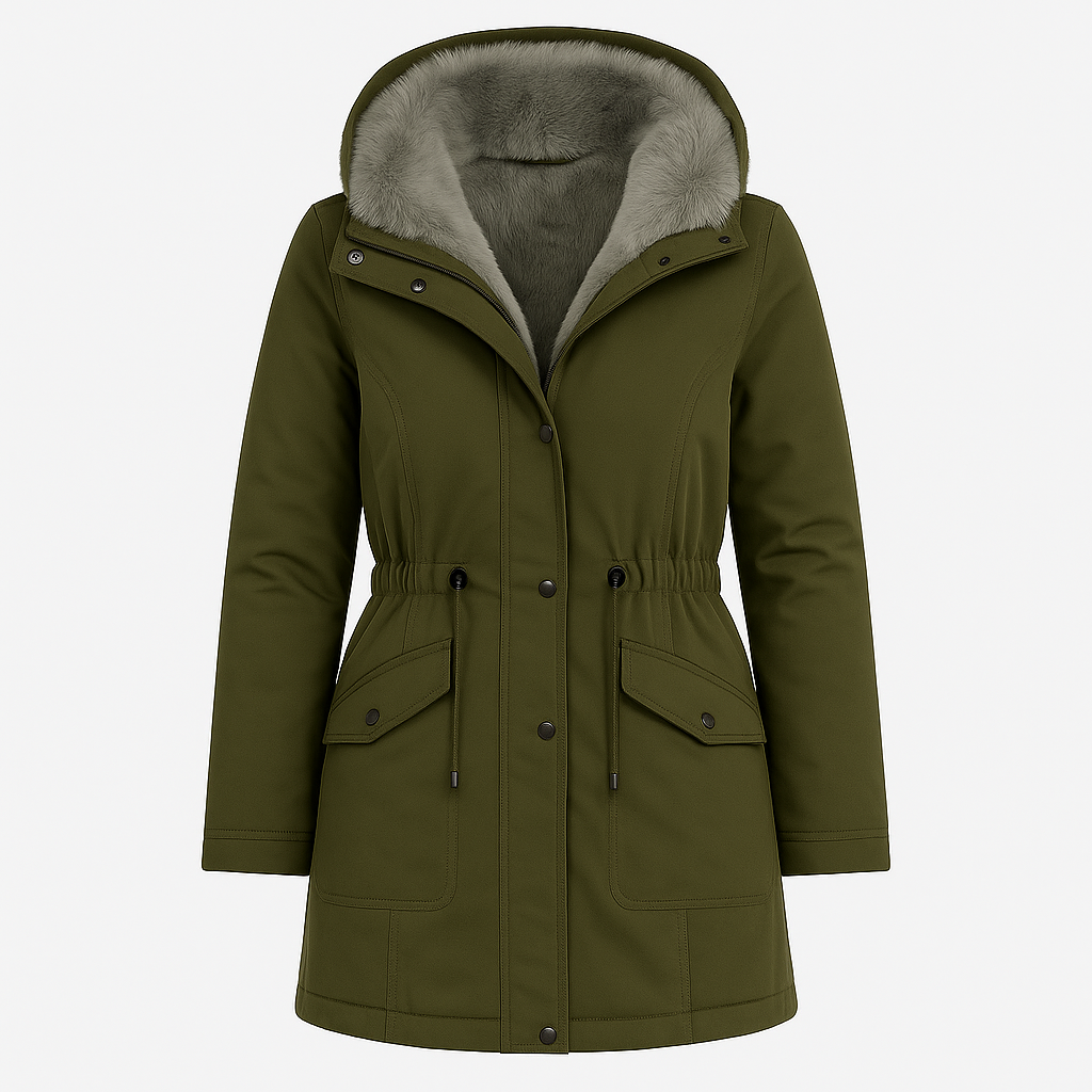 A parka-style winter coat featuring a warm cream-colored faux shearling lining and hood. The coat includes a front zip closure with snap buttons, adjustable drawstring waist, and flap pockets, offering both cozy insulation and stylish cold-weather protection.