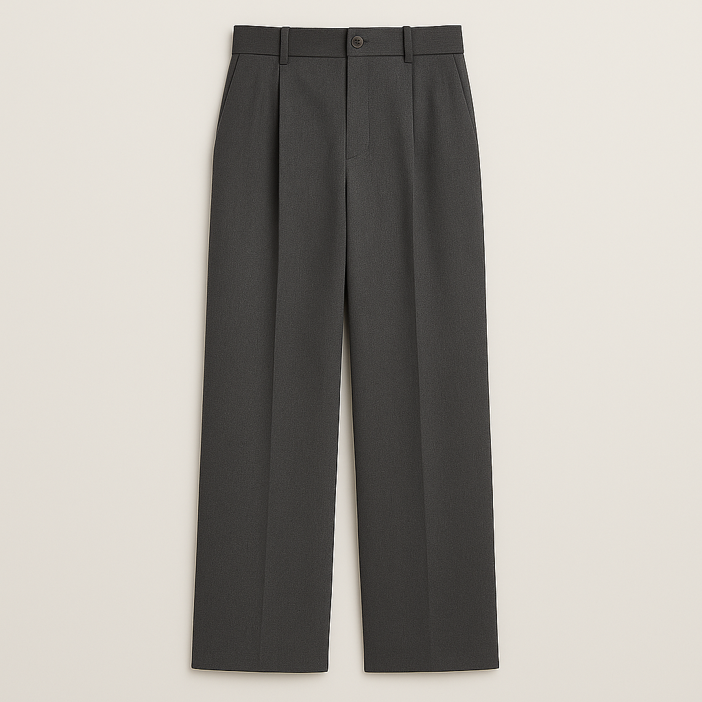 Wide-leg trousers with high-rise waist, pleated front, and relaxed tailored fit.