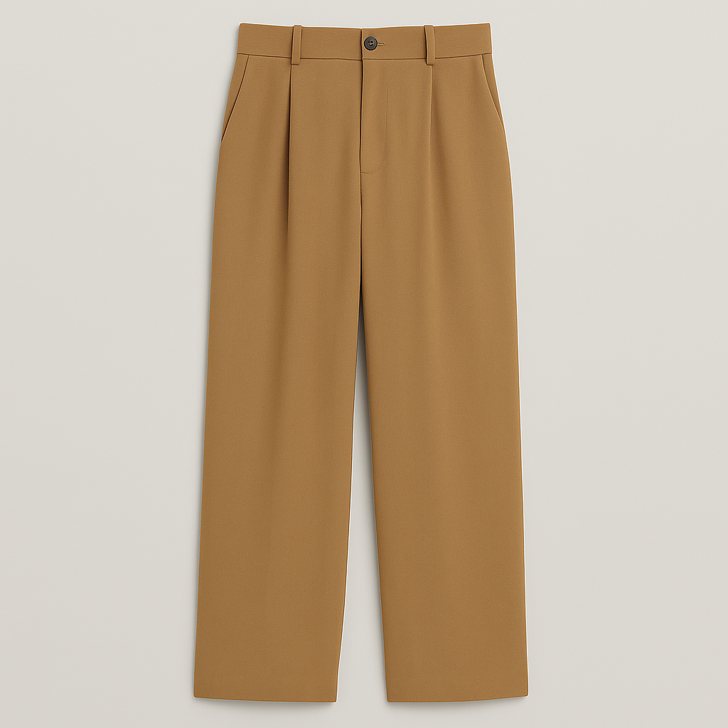 Wide-leg trousers with high-rise waist, pleated front, and relaxed tailored fit.