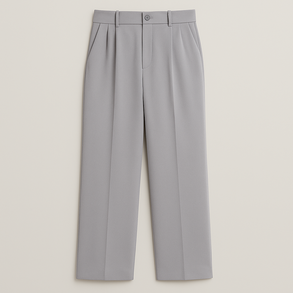 Wide-leg trousers with high-rise waist, pleated front, and relaxed tailored fit.