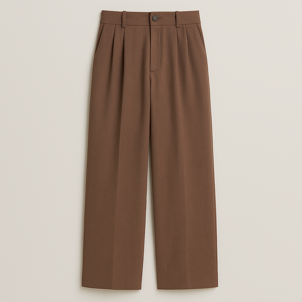 Wide-leg trousers with high-rise waist, pleated front, and relaxed tailored fit.