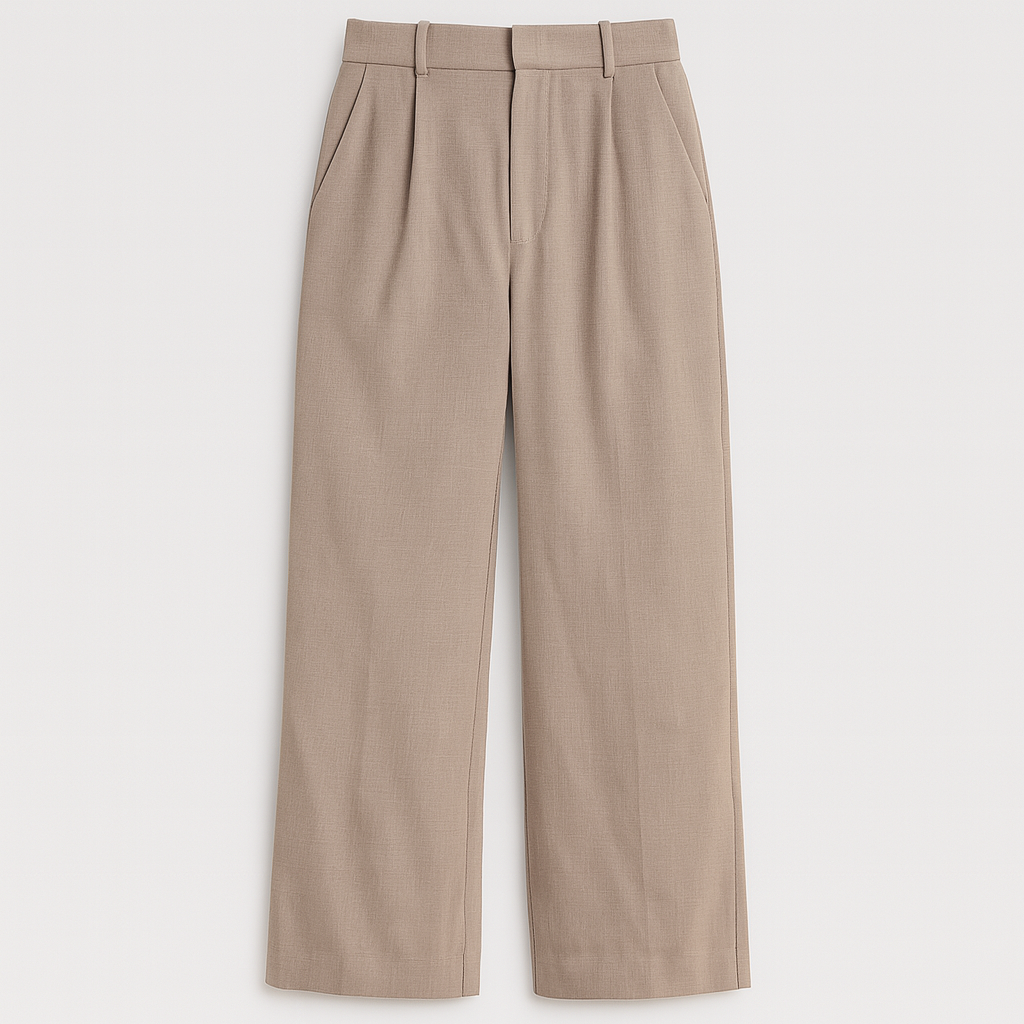 Wide-leg trousers with high-rise waist, pleated front, and relaxed tailored fit.