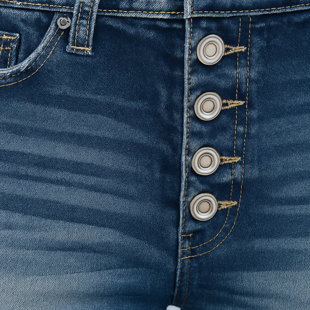 Denim shorts with button-fly front and cuffed hem styled for an effortless casual look.