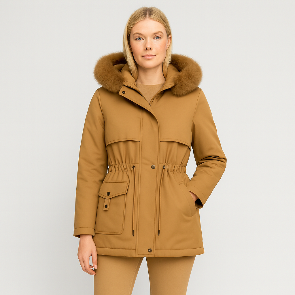 Waist-length parka jacket with a faux fur-trimmed hood, zip and snap front closure, drawstring waist, flap pockets with button details, and elastic cuffs.