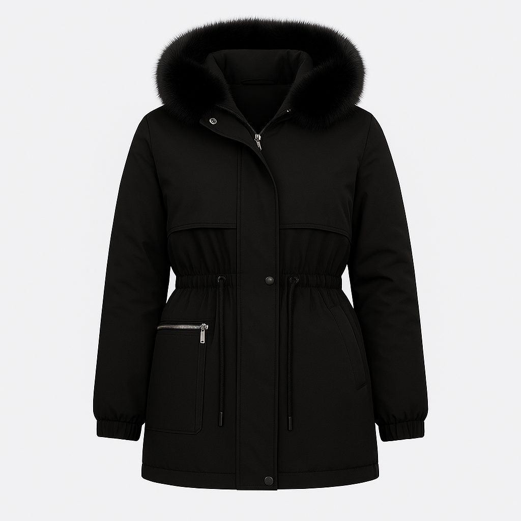Waist-length parka jacket with a faux fur-trimmed hood, zip and snap front closure, drawstring waist, flap pockets with button details, and elastic cuffs.