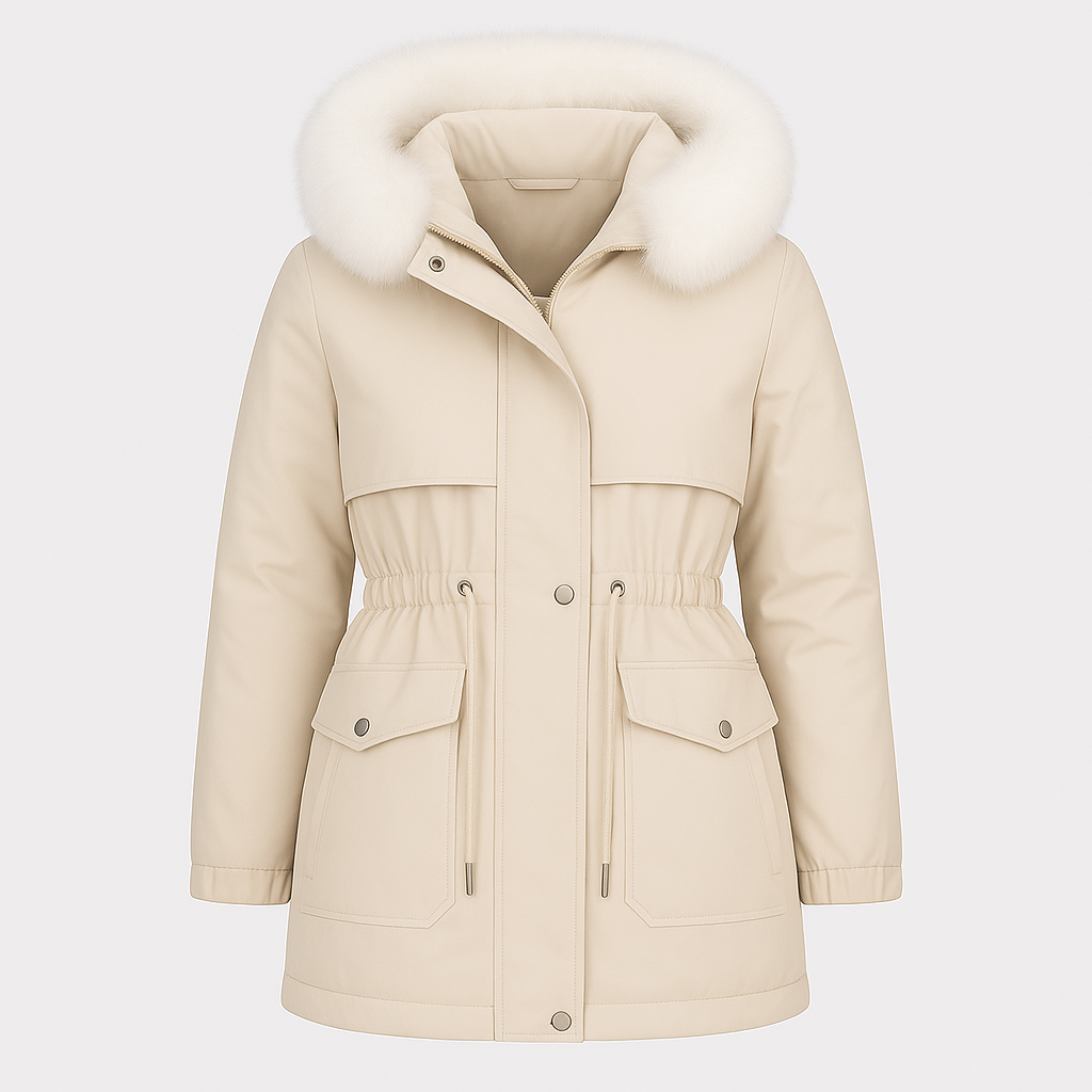 Waist-length parka jacket with a faux fur-trimmed hood, zip and snap front closure, drawstring waist, flap pockets with button details, and elastic cuffs.