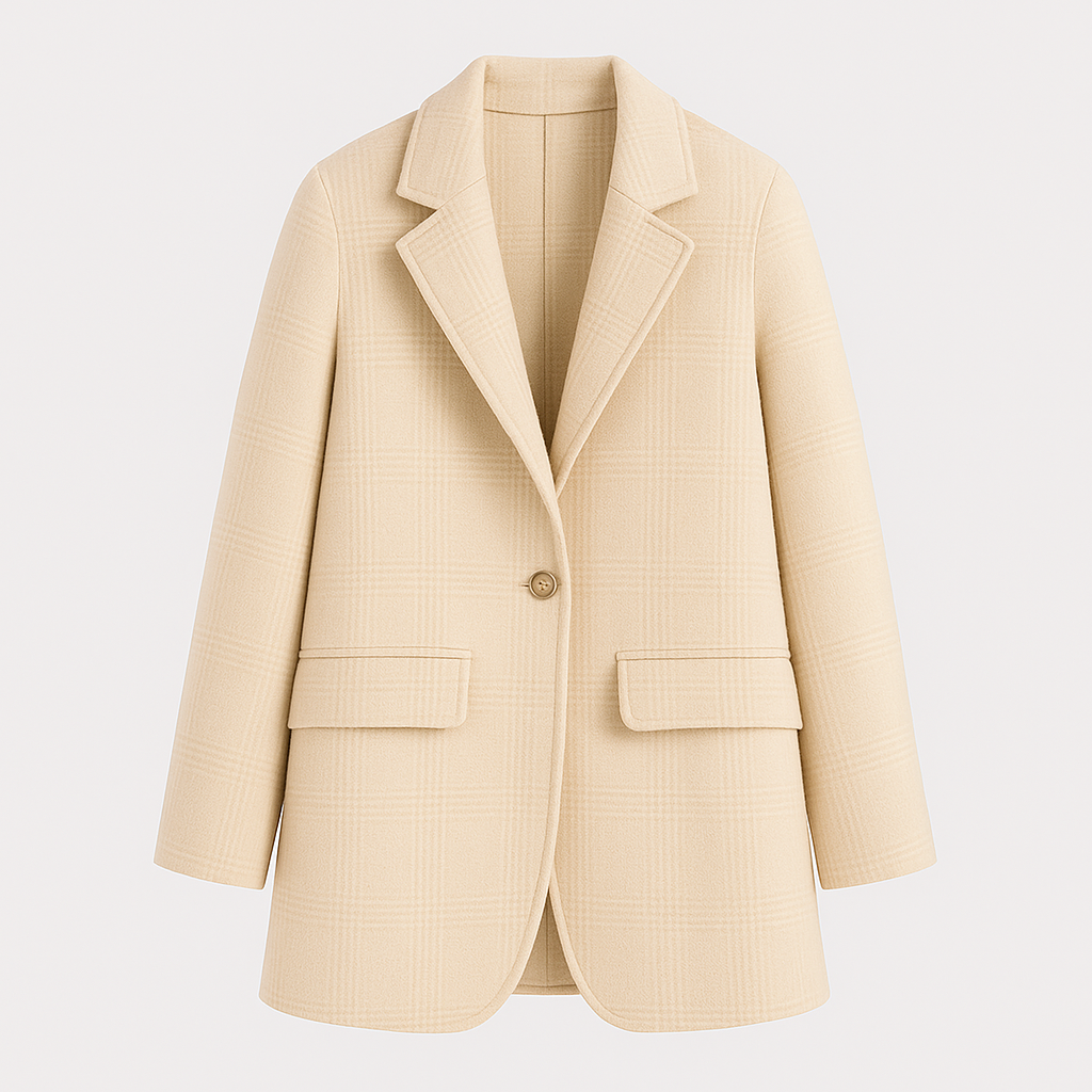 Checked wool coat with notched lapel collar and single-button closure, styled for classic and polished outerwear looks