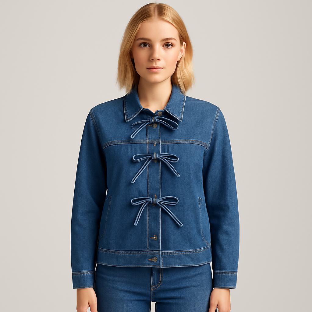 A denim jacket with long sleeves, a point collar, and tie-front closures.