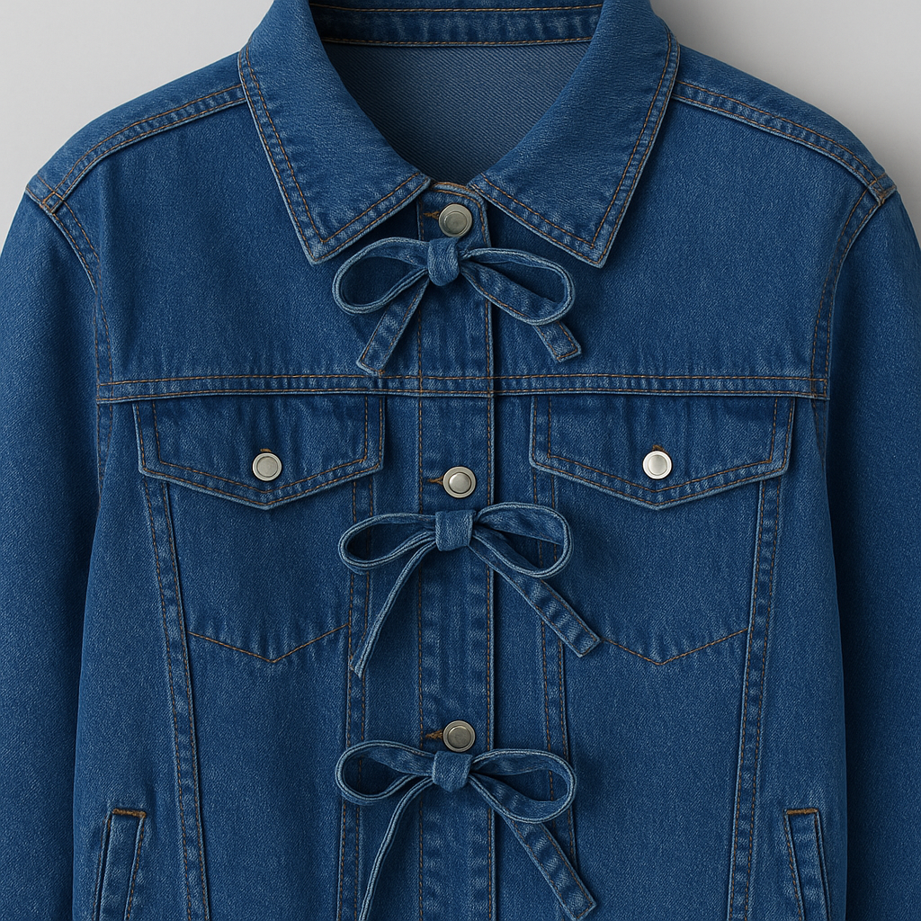 A denim jacket with long sleeves, a point collar, and tie-front closures.