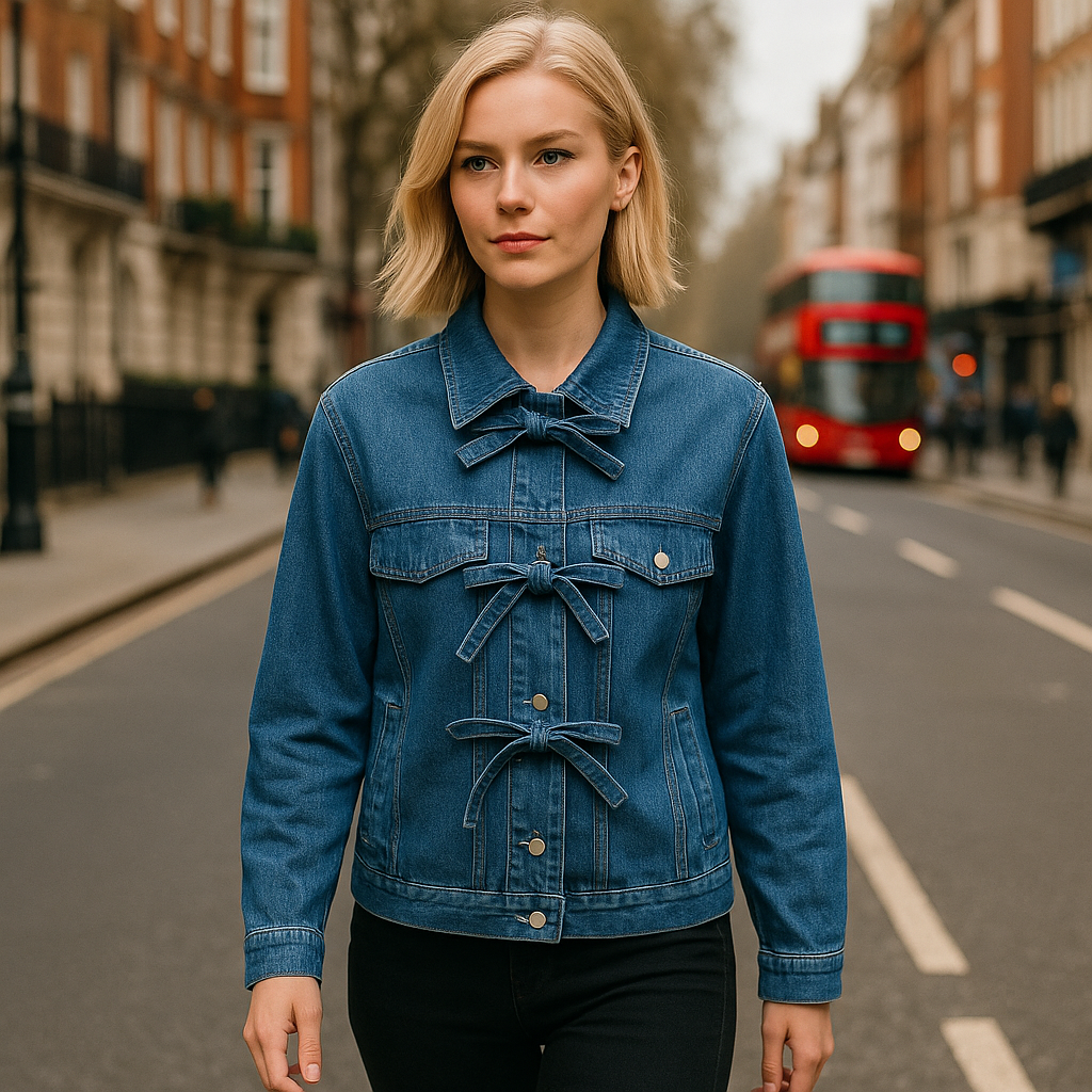 A denim jacket with long sleeves, a point collar, and tie-front closures.