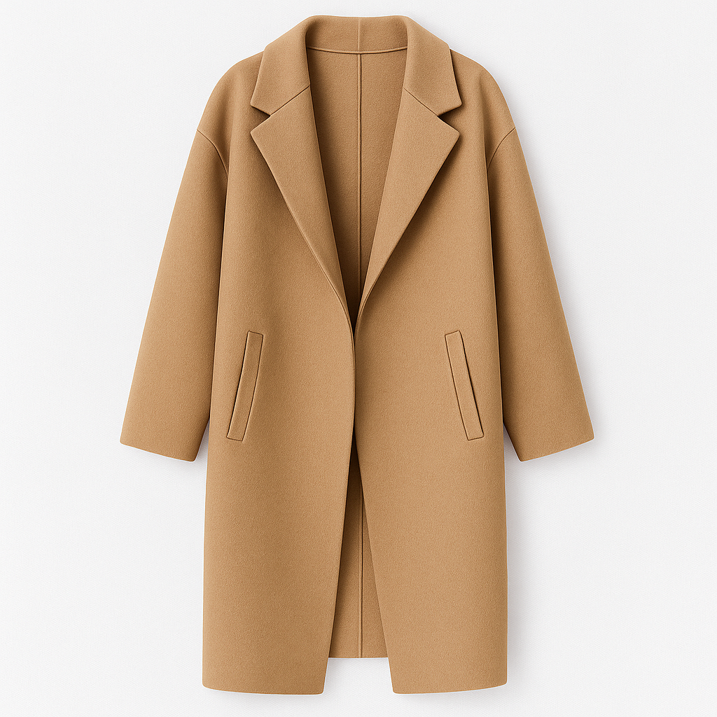 Long oversized coat with a notched lapel collar, straight silhouette, and two front welt pockets.
