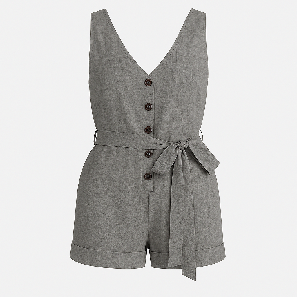 A sleeveless romper with a deep V-neckline, front button detailing, and a matching fabric belt tied at the waist. The shorts have a slightly loose fit with a subtle cuffed hem for a casual yet chic look.