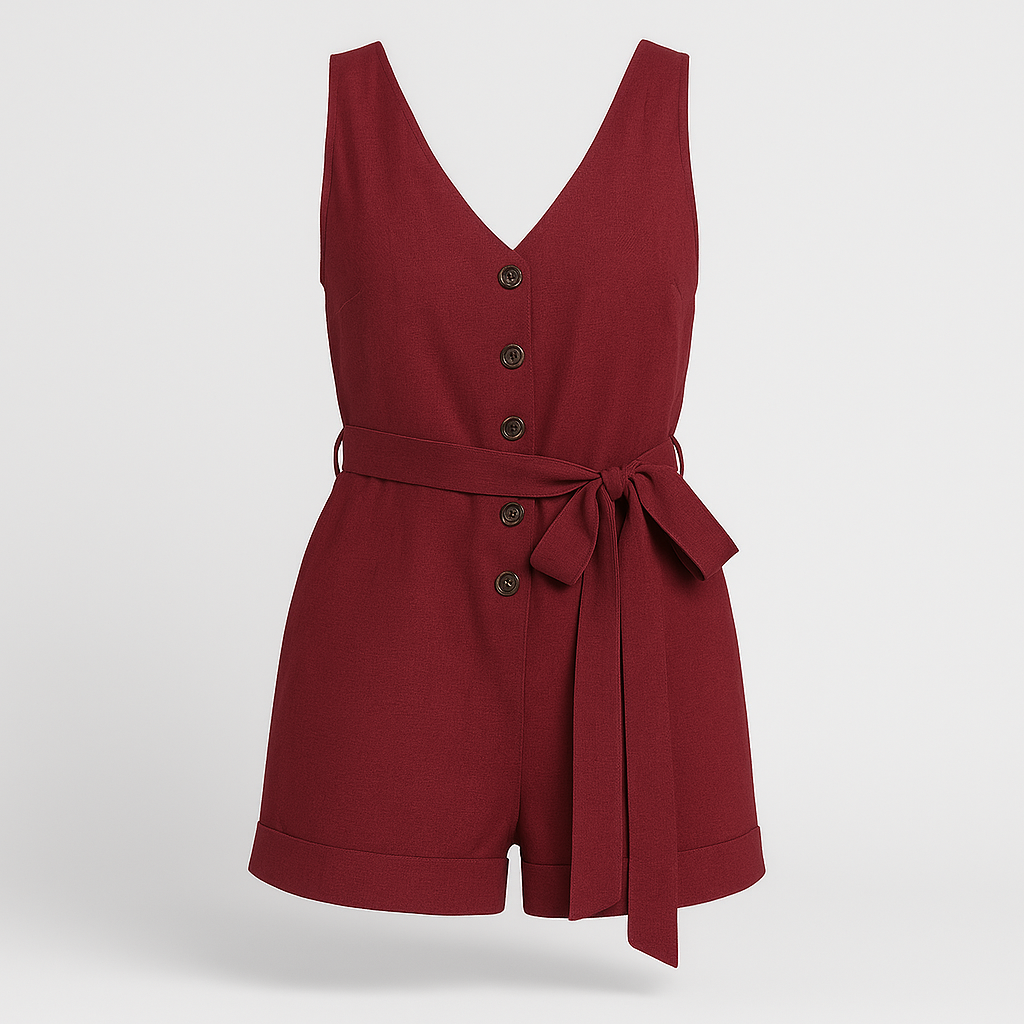A sleeveless romper with a deep V-neckline, front button detailing, and a matching fabric belt tied at the waist. The shorts have a slightly loose fit with a subtle cuffed hem for a casual yet chic look.