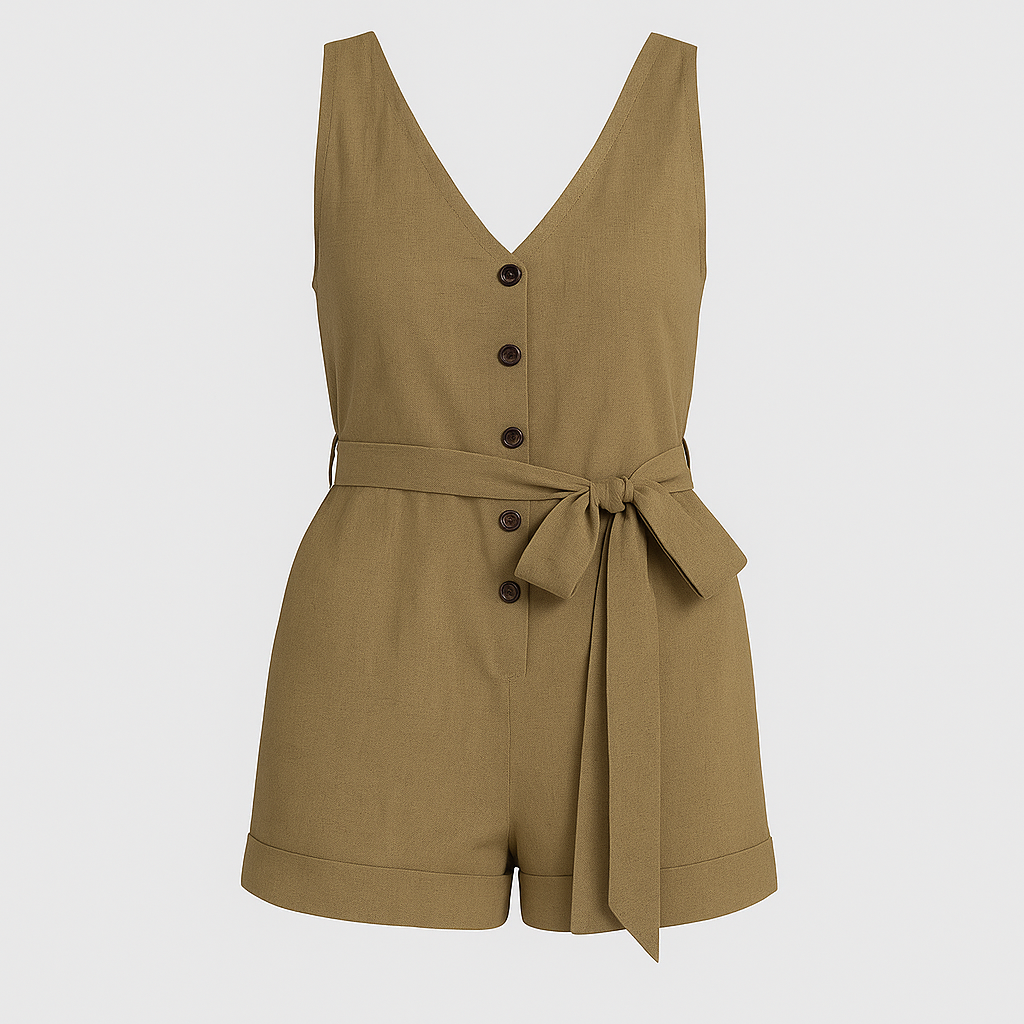A sleeveless romper with a deep V-neckline, front button detailing, and a matching fabric belt tied at the waist. The shorts have a slightly loose fit with a subtle cuffed hem for a casual yet chic look.