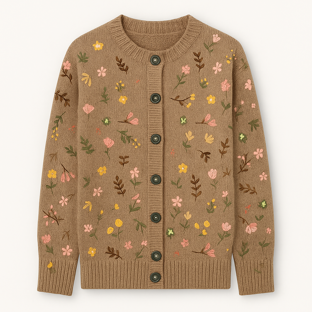 Button-up knitted cardigan with a floral design, round neckline, and ribbed cuffs and hem.