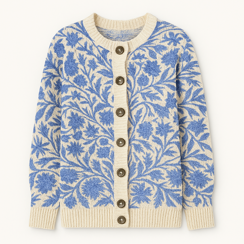 Button-up knitted cardigan with a floral design, round neckline, and ribbed cuffs and hem.