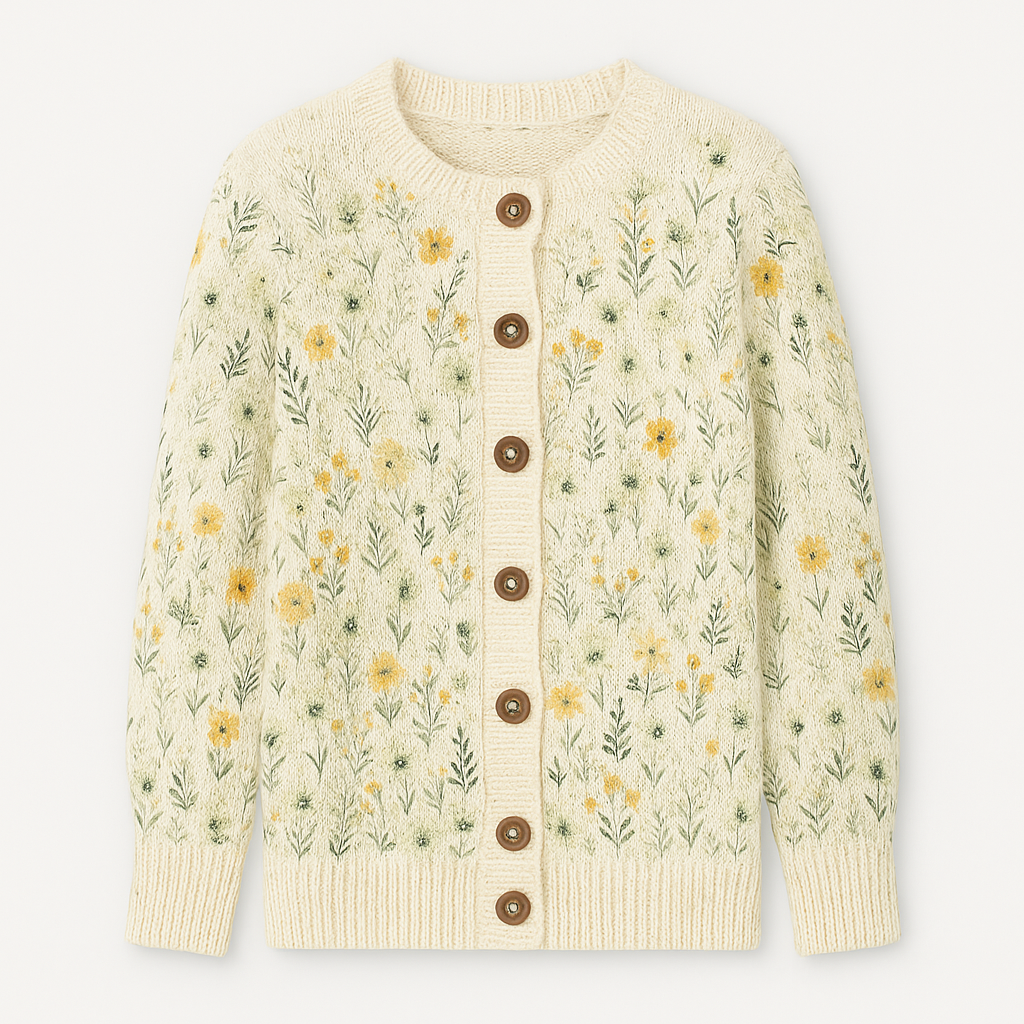 Button-up knitted cardigan with a floral design, round neckline, and ribbed cuffs and hem.