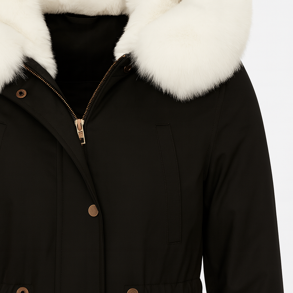 Long-sleeve parka coat featuring a large faux fur-trimmed hood, zip and snap front closure, drawstring waist for shaping, and flap pockets with button details.