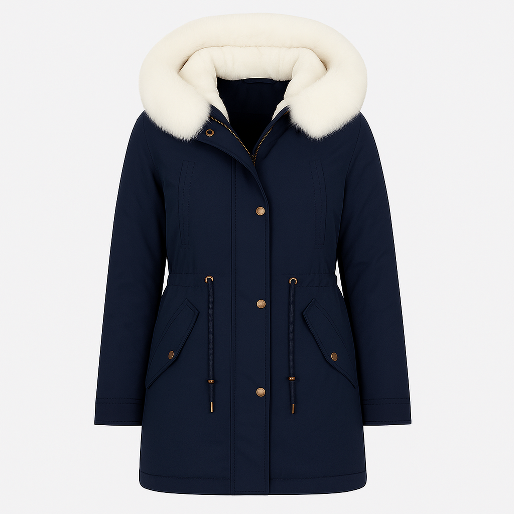 Long-sleeve parka coat featuring a large faux fur-trimmed hood, zip and snap front closure, drawstring waist for shaping, and flap pockets with button details.