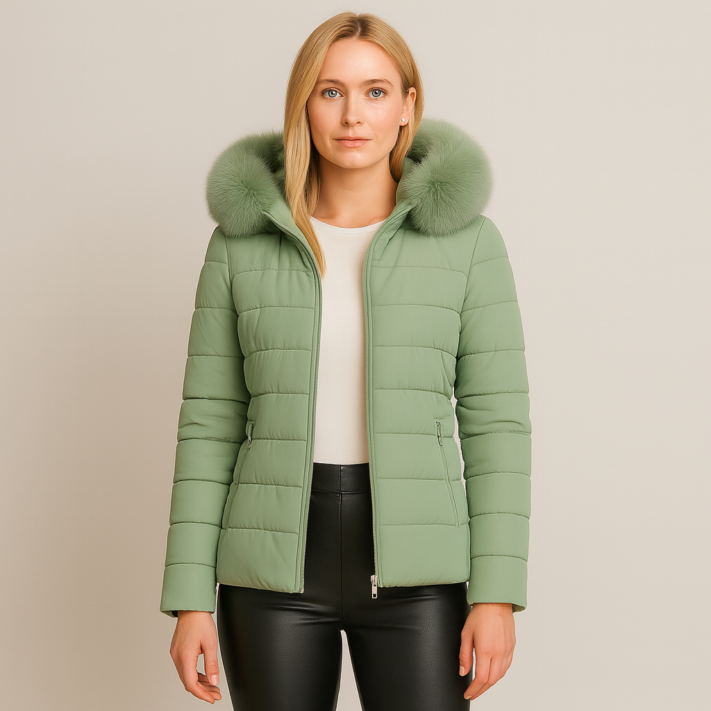 Puffer jacket with a front zipper closure, two zip pockets, horizontal quilted design, and a large collar adorned with plush fur pom accents.