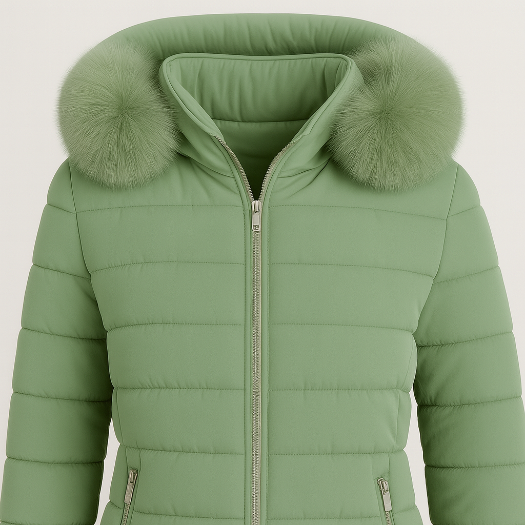 Puffer jacket with a front zipper closure, two zip pockets, horizontal quilted design, and a large collar adorned with plush fur pom accents.