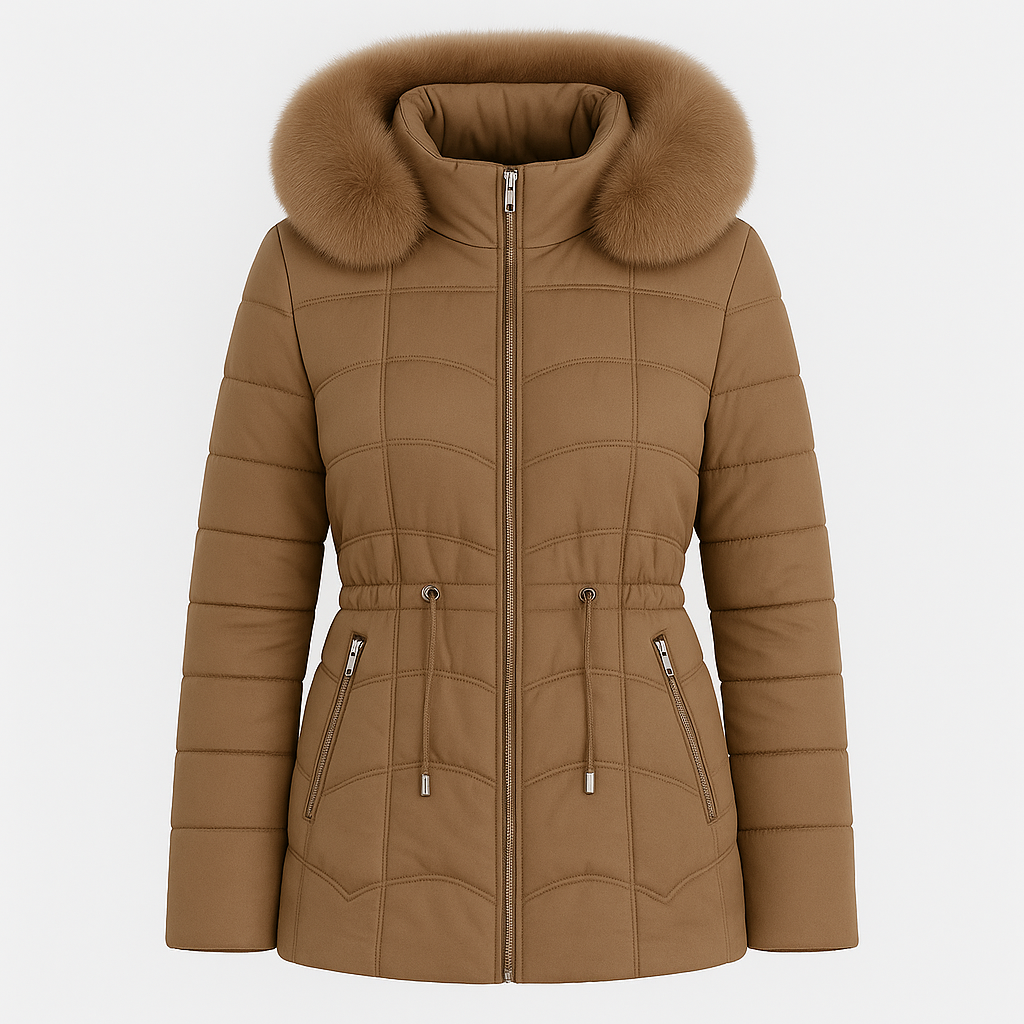 Puffer jacket with a front zipper closure, two zip pockets, horizontal quilted design, and a large collar adorned with plush fur pom accents.