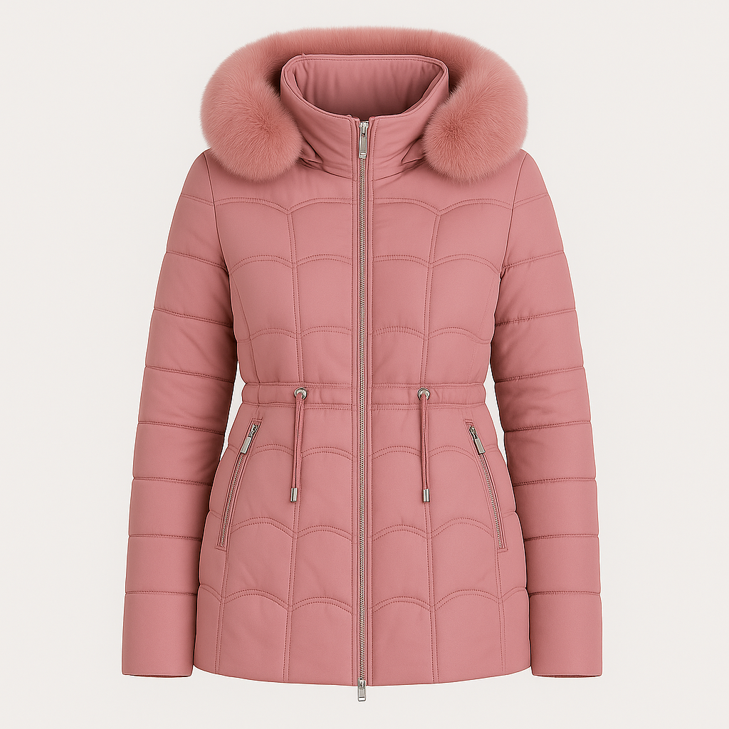 Puffer jacket with a front zipper closure, two zip pockets, horizontal quilted design, and a large collar adorned with plush fur pom accents.