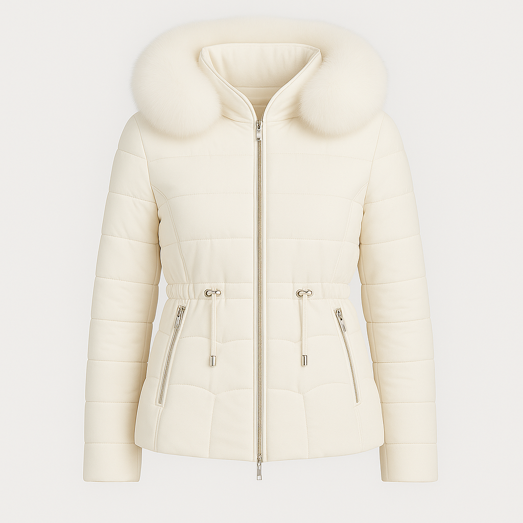 Puffer jacket with a front zipper closure, two zip pockets, horizontal quilted design, and a large collar adorned with plush fur pom accents.