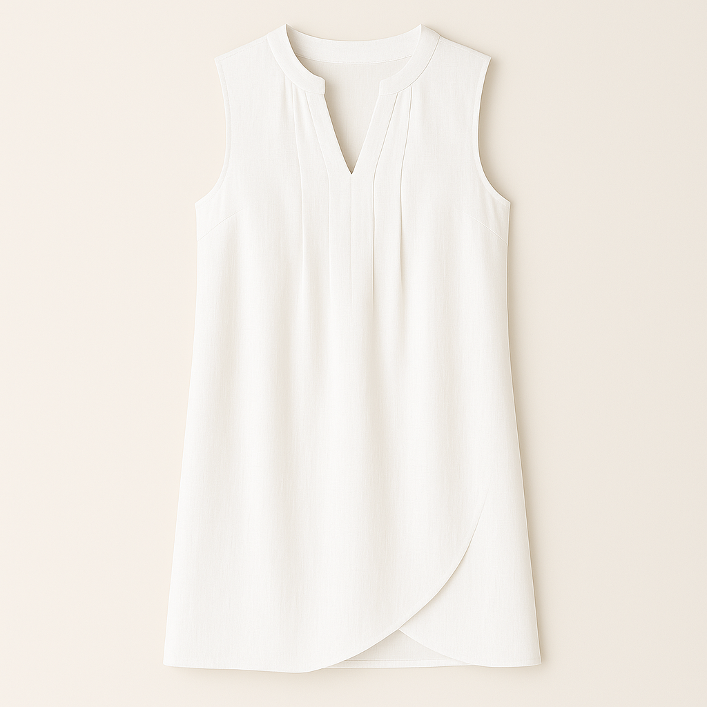 Sleeveless V-neck mini dress with vertical pleats and a tulip-style hemline.