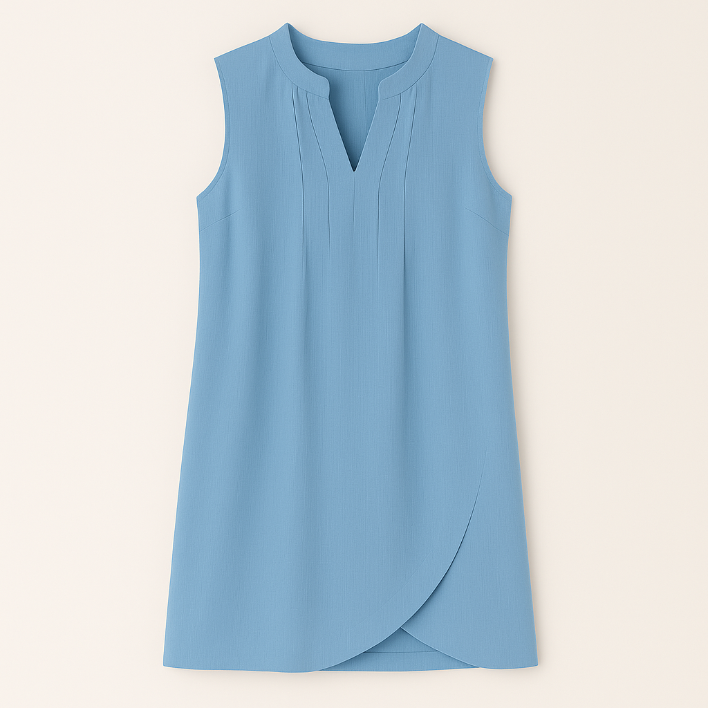 Sleeveless V-neck mini dress with vertical pleats and a tulip-style hemline.
