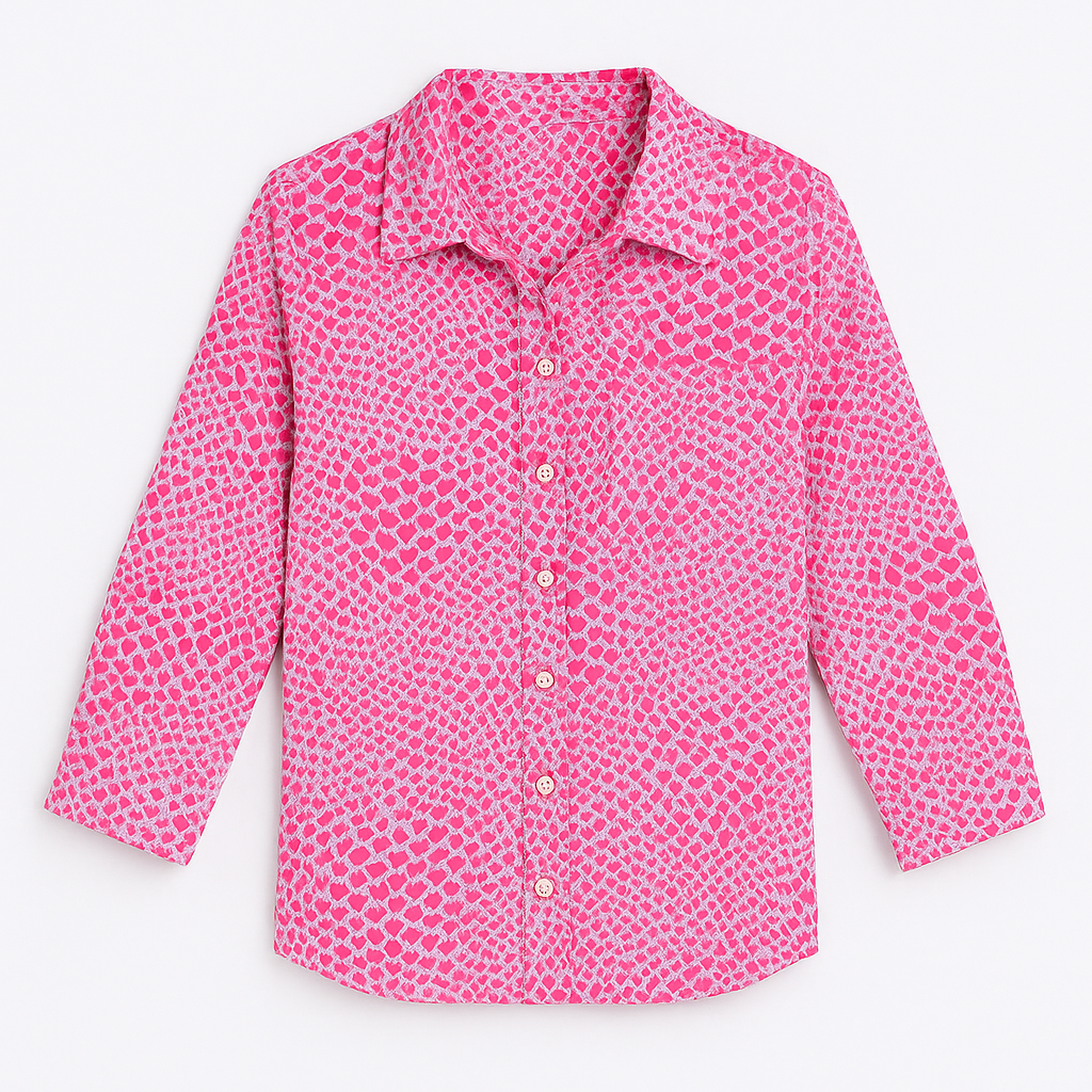 Button-up shirt with a bold blue and pink abstract animal print, featuring a pointed collar and long sleeves.