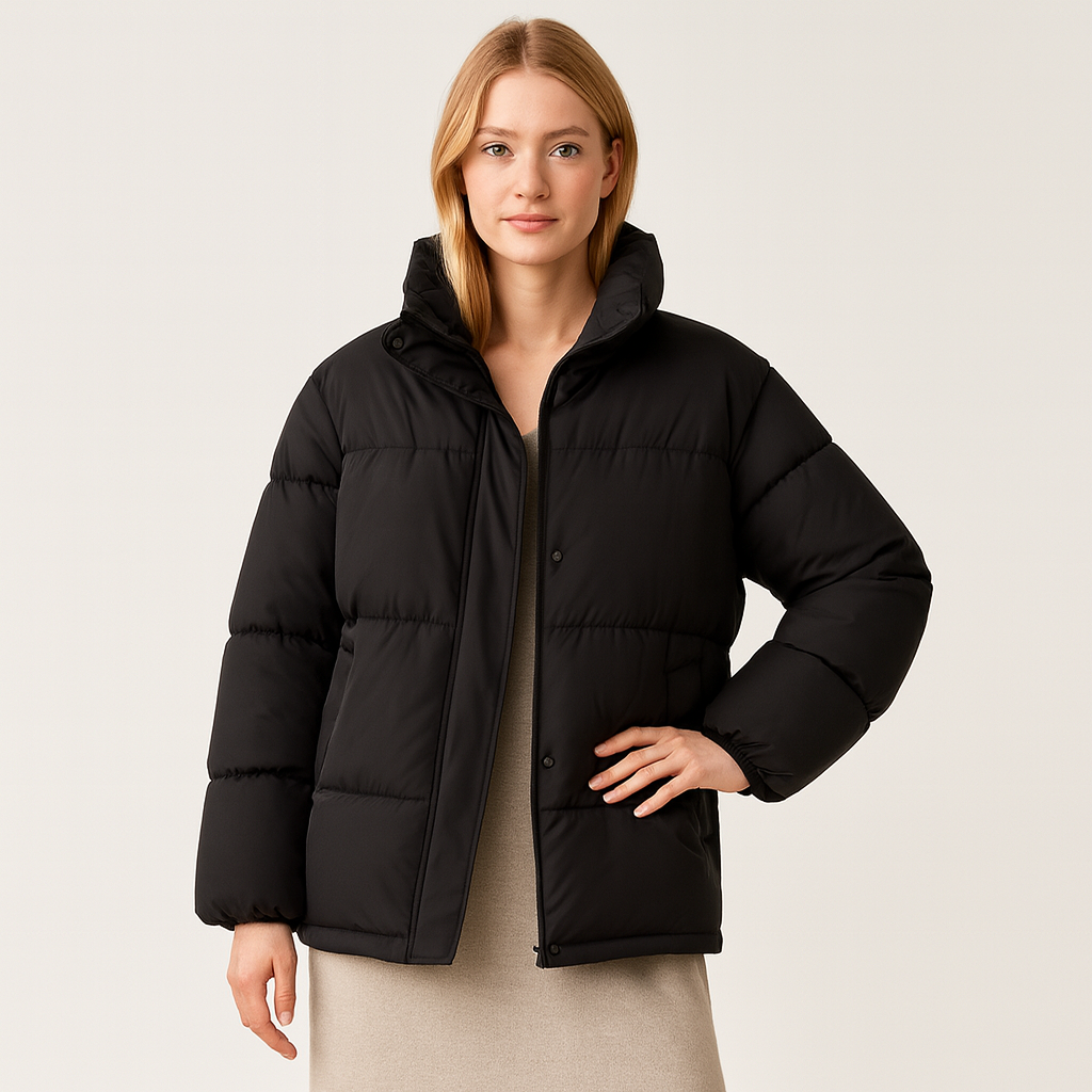 Puffer jacket with a high stand collar, front snap and zip closure, side welt pockets, and horizontal quilted padding.