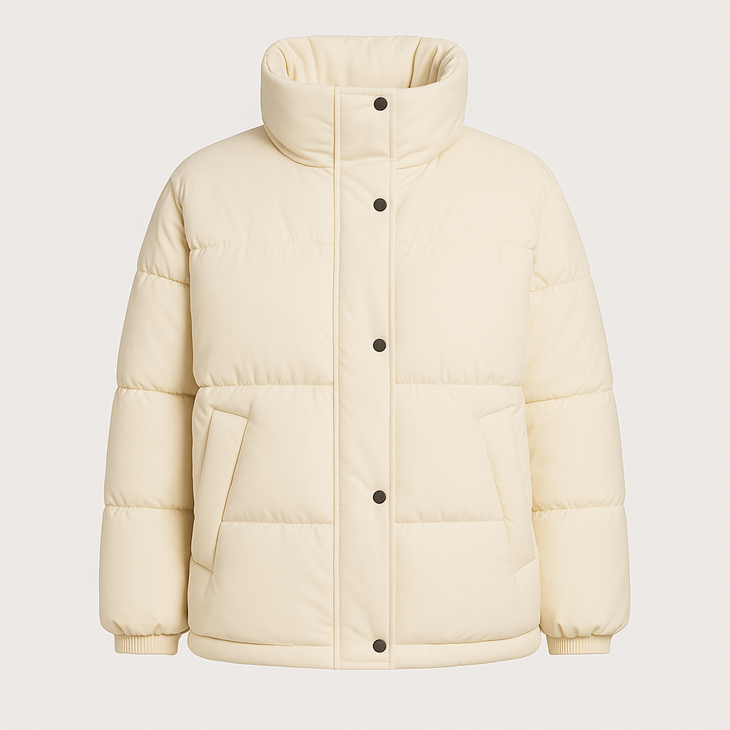 Puffer jacket with a high stand collar, front snap and zip closure, side welt pockets, and horizontal quilted padding.