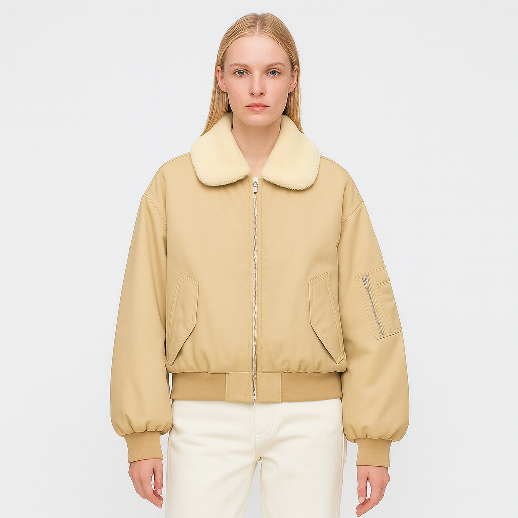 A bomber jacket with a soft cream faux fur collar and a front zip closure. It features flap front pockets, a zip pocket on the sleeve, ribbed cuffs and hem, and a relaxed, slightly oversized fit. The cozy lining and structured silhouette make it a stylish and warm outerwear option for cooler days.