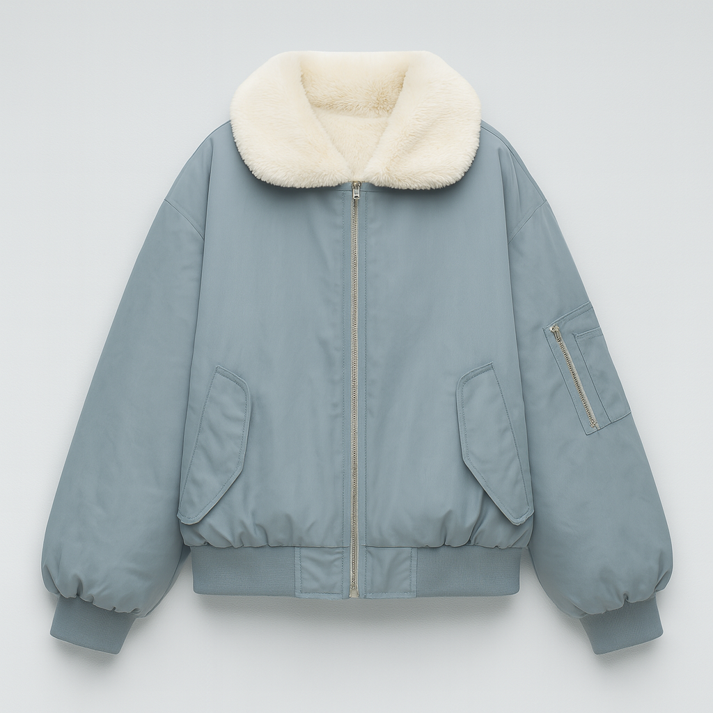 A bomber jacket with a soft cream faux fur collar and a front zip closure. It features flap front pockets, a zip pocket on the sleeve, ribbed cuffs and hem, and a relaxed, slightly oversized fit. The cozy lining and structured silhouette make it a stylish and warm outerwear option for cooler days.