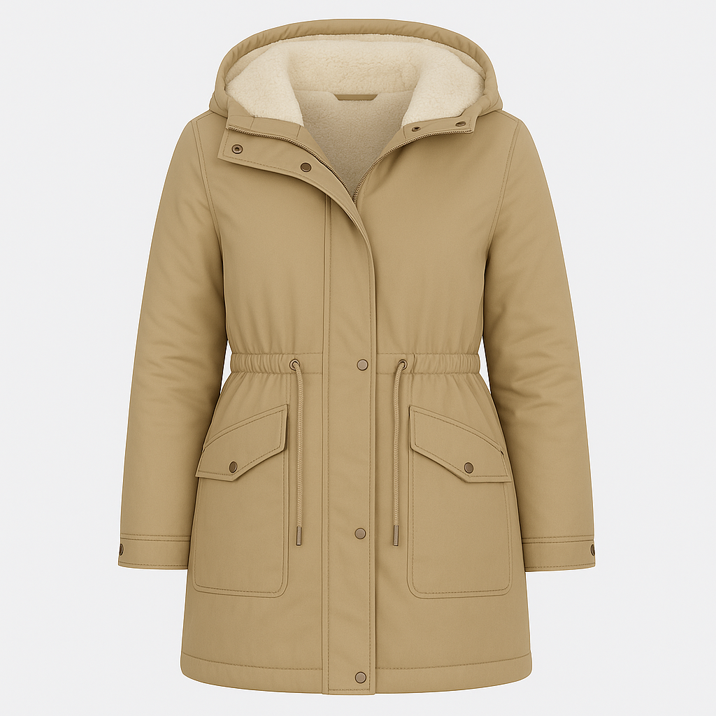 Parka jacket with a hood lined in soft fleece, front zipper and snap closure, drawstring waist for a fitted silhouette, flap pockets with button closures, and adjustable cuffs.