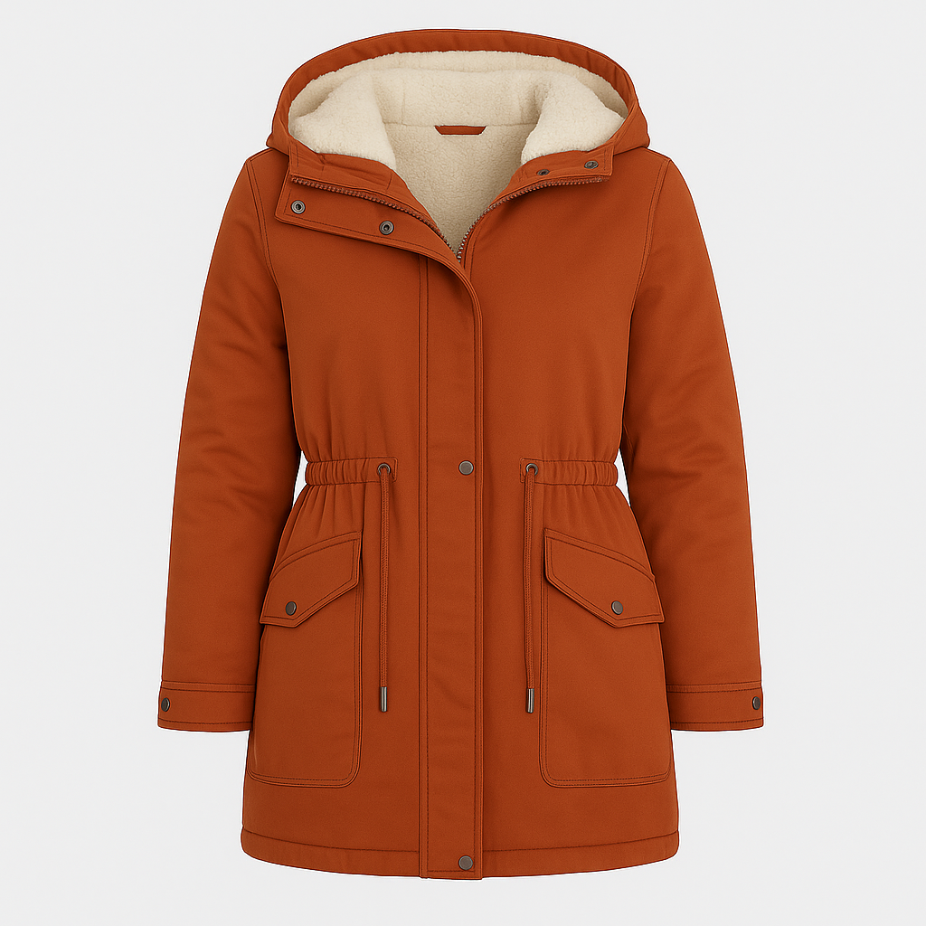 Parka jacket with a hood lined in soft fleece, front zipper and snap closure, drawstring waist for a fitted silhouette, flap pockets with button closures, and adjustable cuffs.