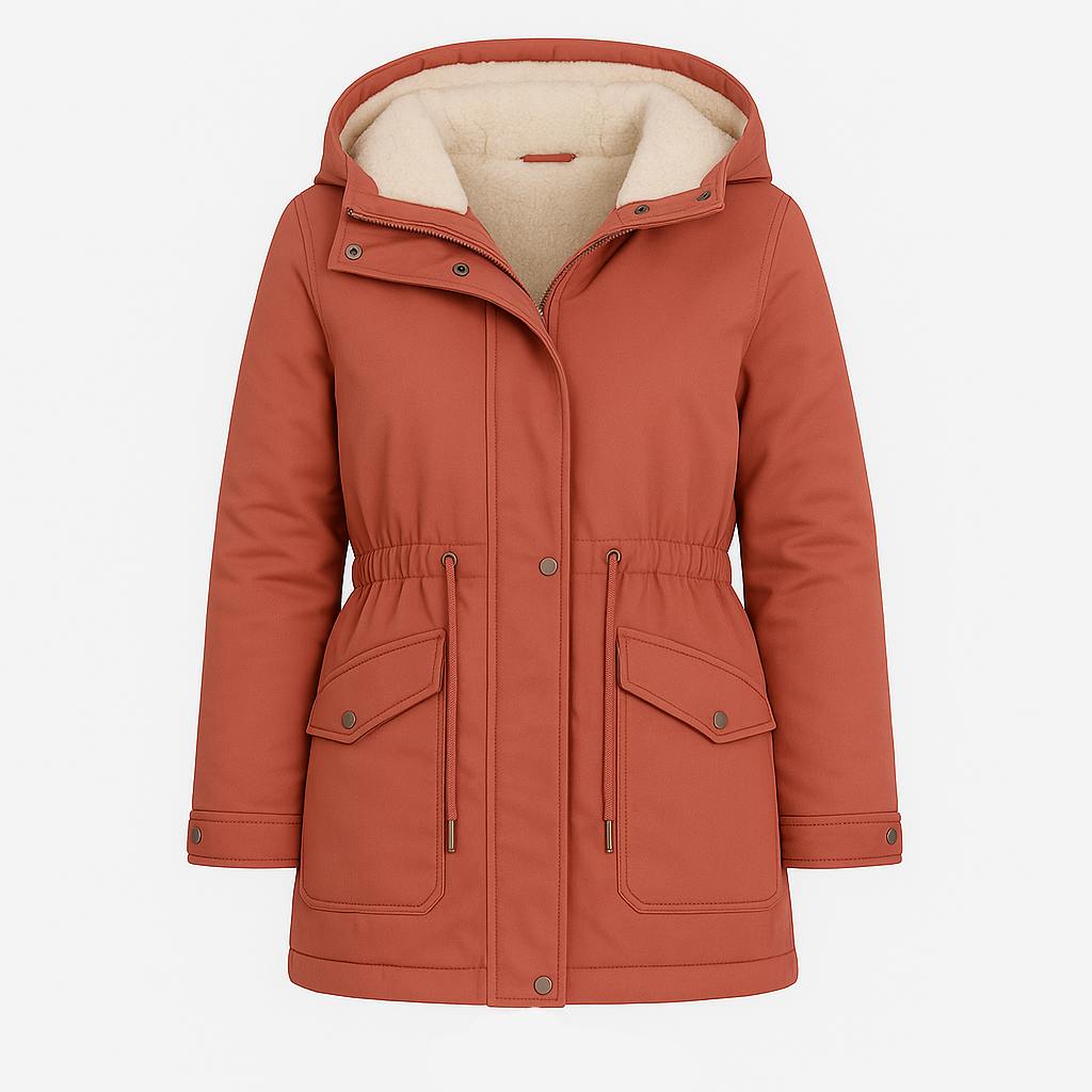 Parka jacket with a hood lined in soft fleece, front zipper and snap closure, drawstring waist for a fitted silhouette, flap pockets with button closures, and adjustable cuffs.