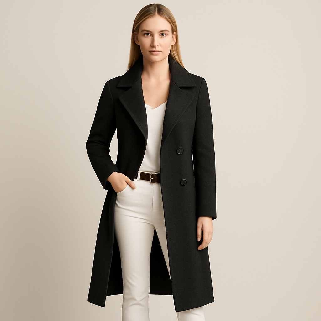 Double-breasted overcoat with notched lapel collar, tailored fit, and longline silhouette, styled with a minimal layered outfit