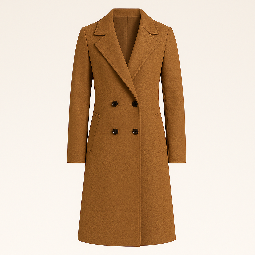 Double-breasted overcoat with notched lapel collar, tailored fit, and longline silhouette, styled with a minimal layered outfit